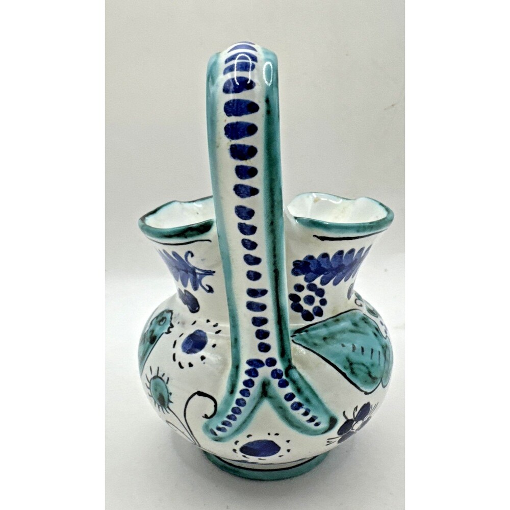 Hand-painted Italian Pitcher Small Blue Teal green Cat animal Flowers 5” Tall - Picture 4 of 7